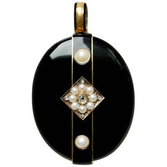 Late Victorian Gold Diamond Pearl Black Enamel Locket