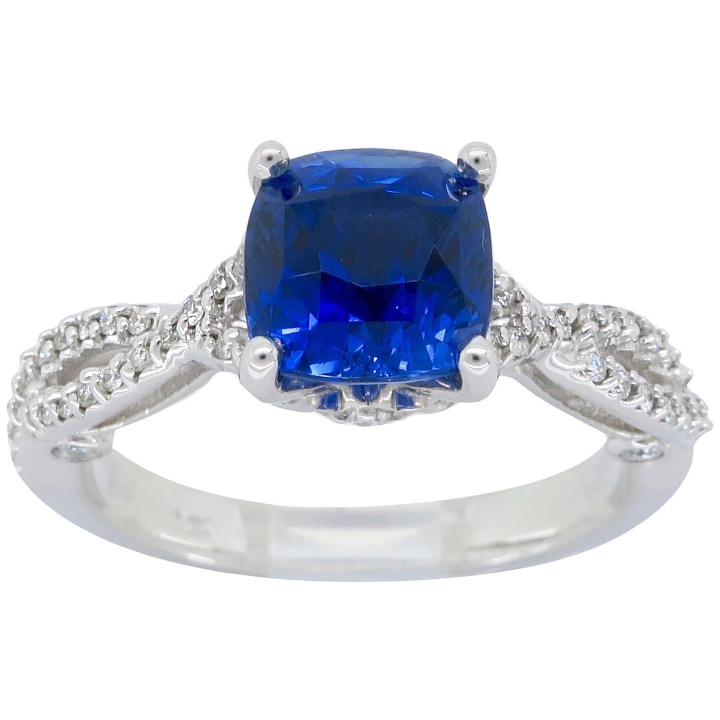 GIA Certified Natural Blue Sapphire and Diamond Engagement Ring