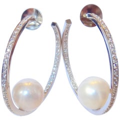 Michael Kneebone Pave Diamond Paspaley South Seas Pearl Hoop Earrings
