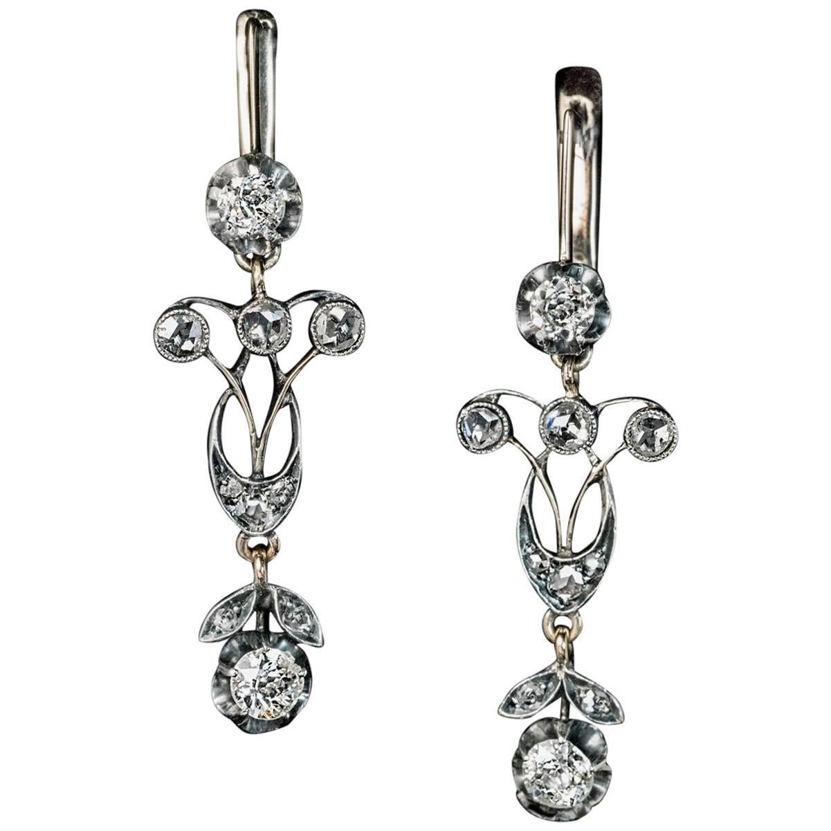Antique Edwardian Diamond Silver Gold Dangle Earrings