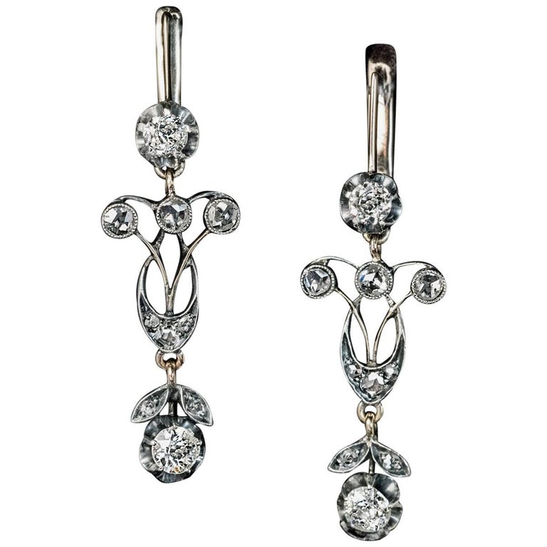 Antique Edwardian Diamond Silver Gold Dangle Earrings at 1stdibs