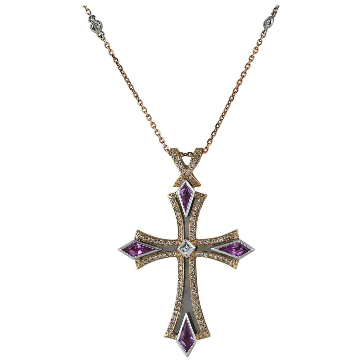 Cross Pendant with Diamonds and Pink Sapphires For Sale