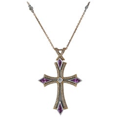 Cross Pendant with Diamonds and Pink Sapphires