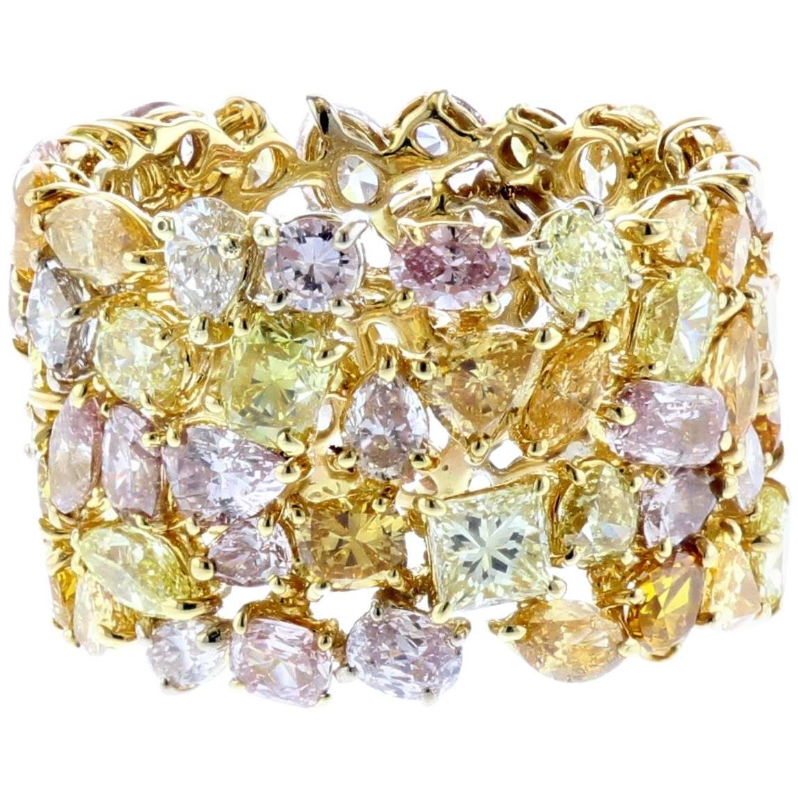 Large anneau d'éternité en or 18 carats avec diamants multicolores