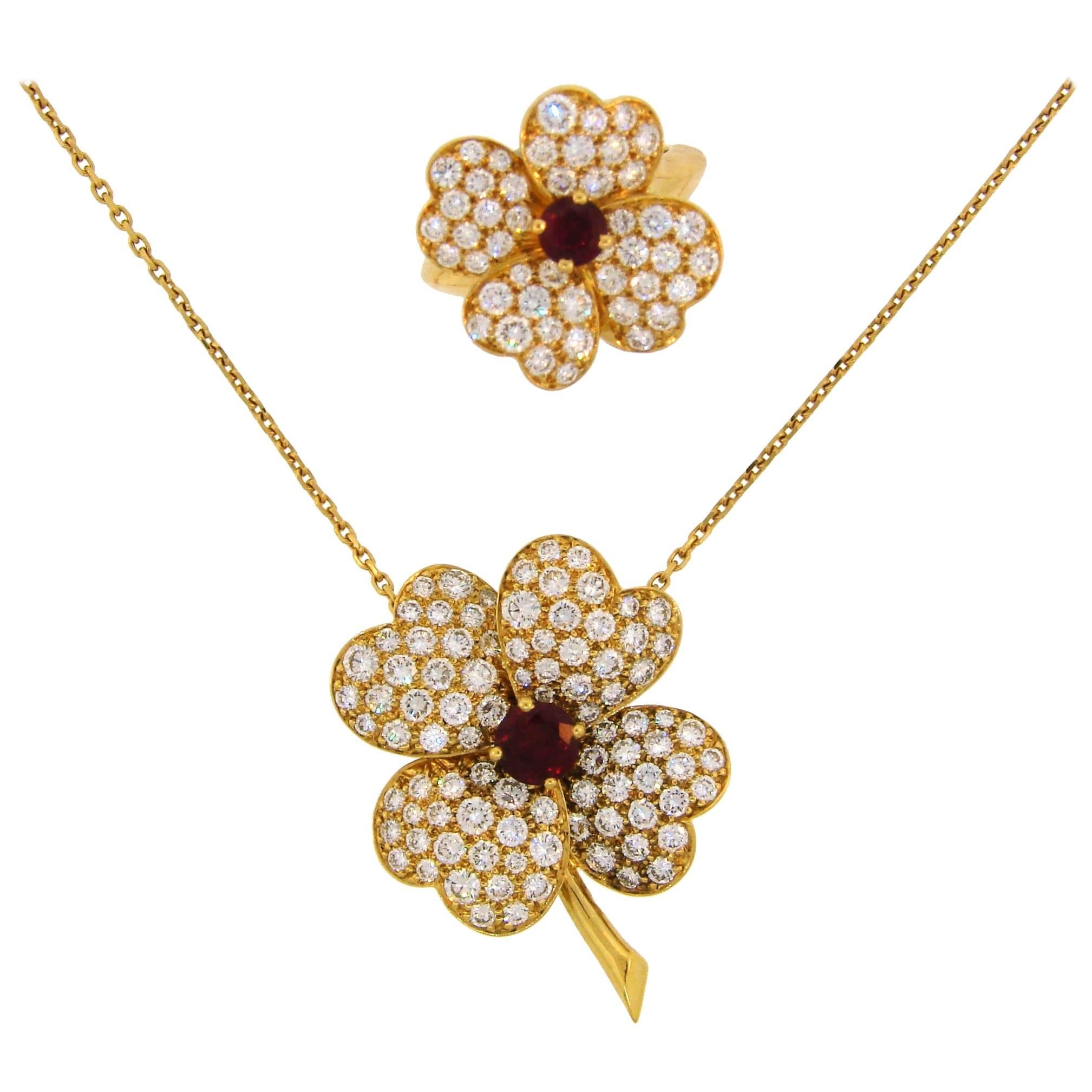 Van Cleef & Arpels Cosmos Diamond Ruby Yellow Gold Clip Pendant Pin and Ring Set