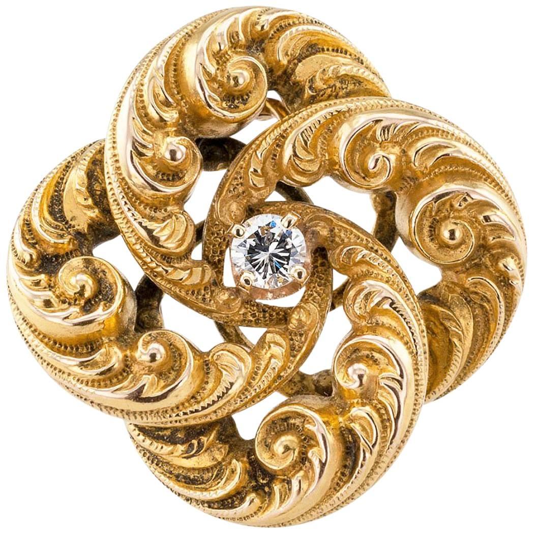 Victorian 1890s Quatrefoil Diamond Gold Brooch Pendant
