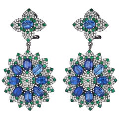18 Karat White Gold Drop Earrings, Set with Diamond, Emerald and Kunzite