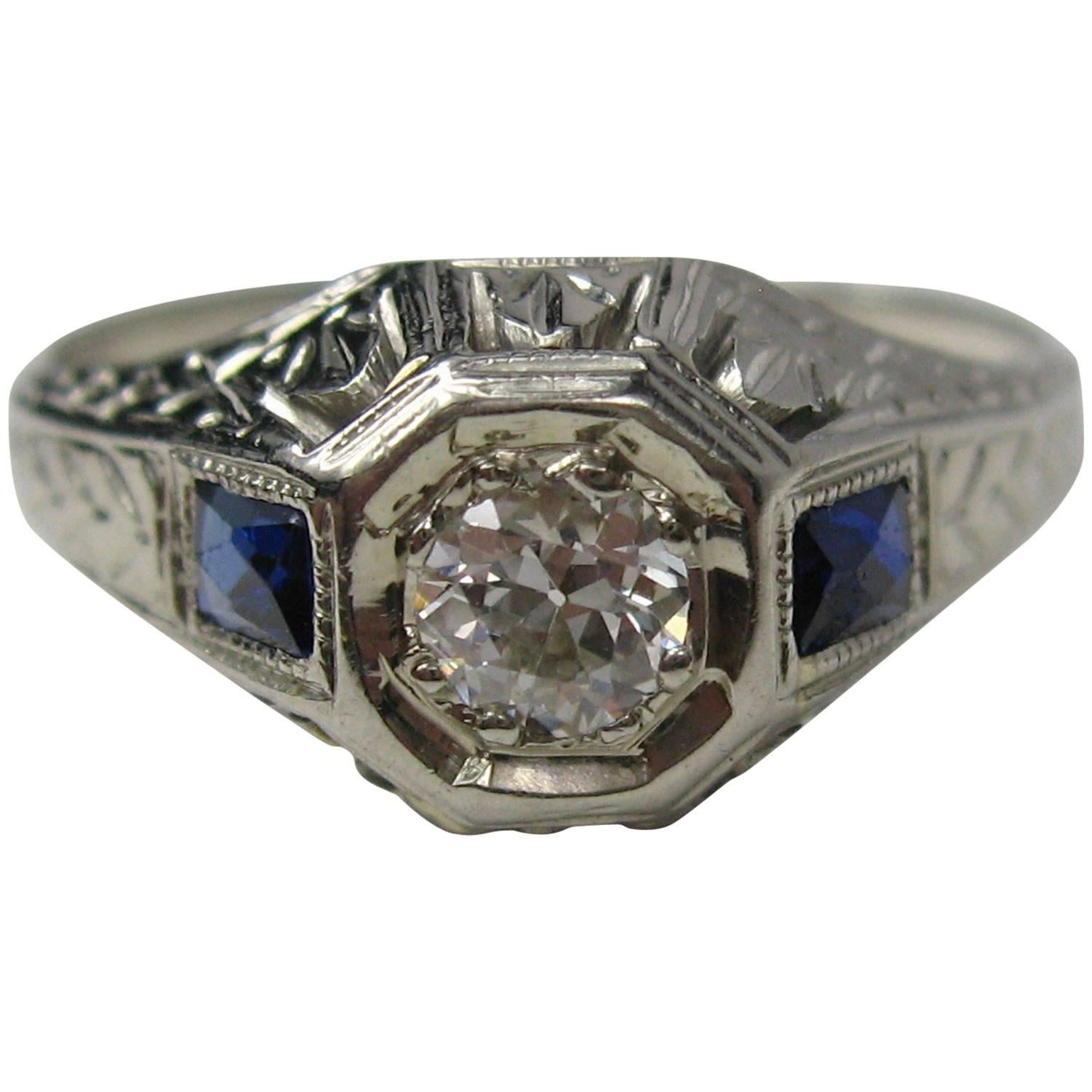 Diamond 14 Karat White Gold Ring 1920s Art Deco For Sale