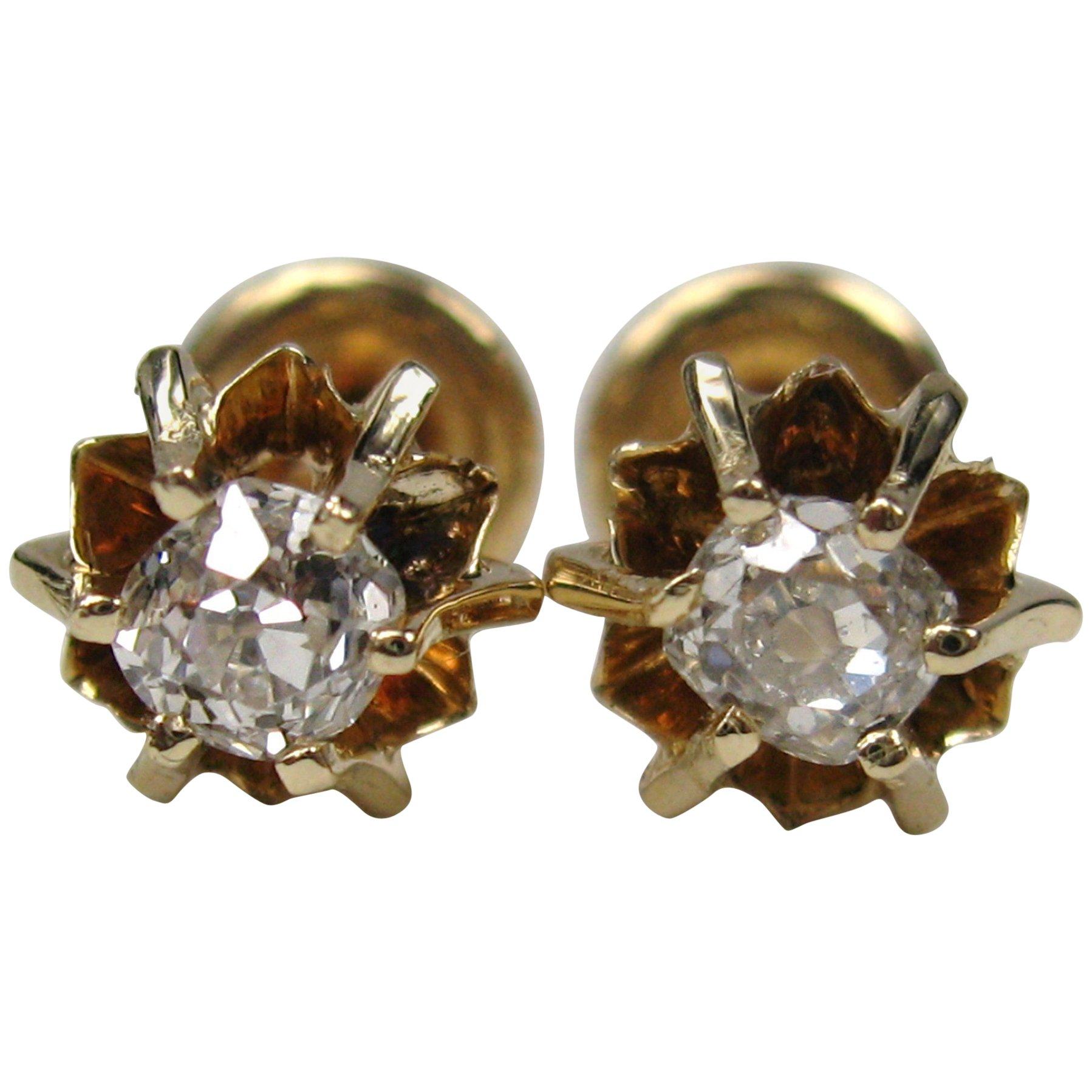 Mine Cut Diamond Gold Earring Studs, 1860s