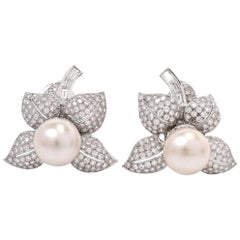 Estate South Sea Pearl Diamond Flower Large Stud Clip Earrings