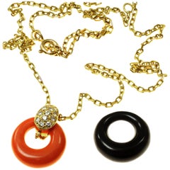 Van Cleef & Arpels Diamond Coral Onyx Yellow Gold Pendant Necklace