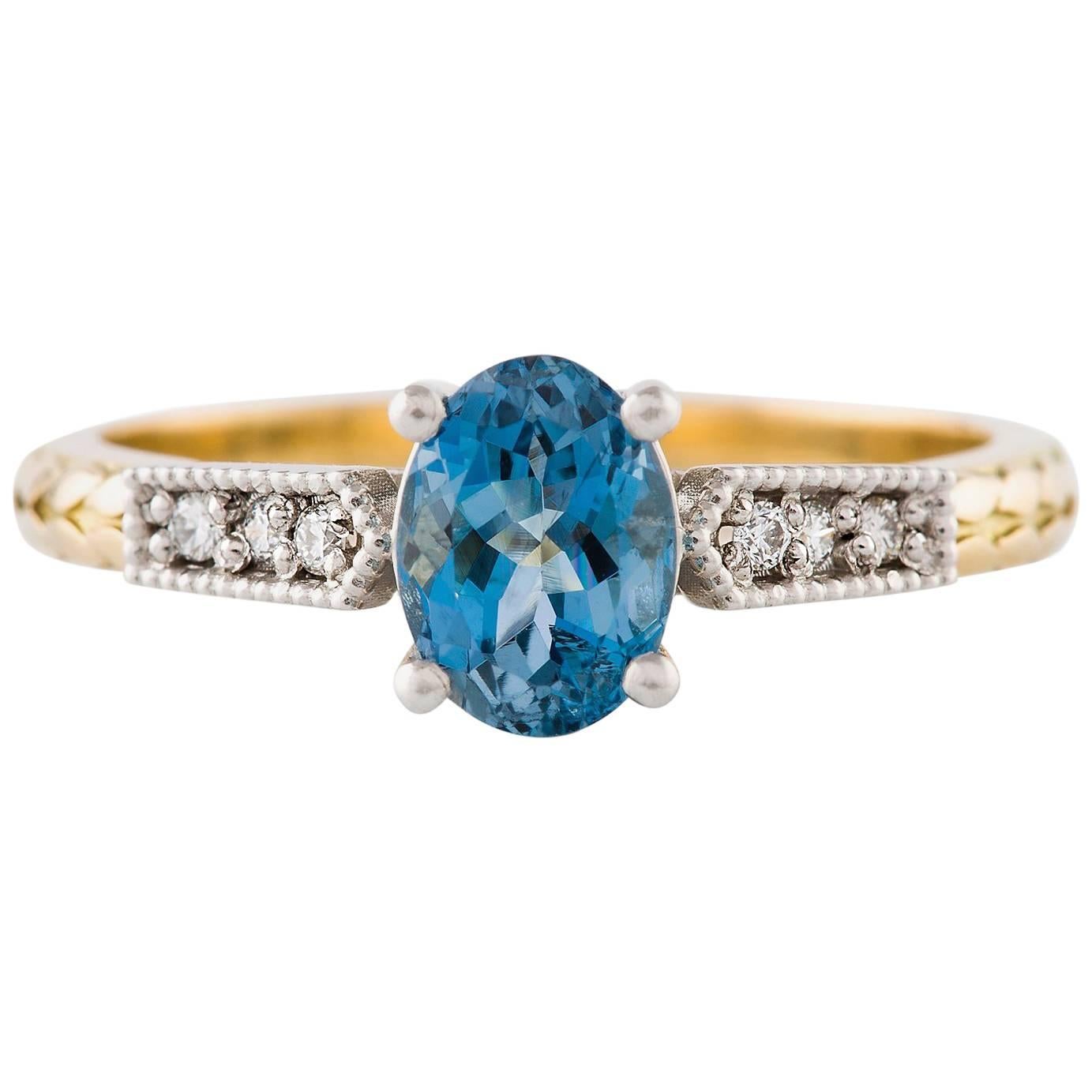 Kian Design Art Deco Platinum and Yellow Gold Aqua Marine Diamond Ring