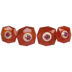Double Octagonal Gold Cufflinks in Carnelian and Mother-of-Pearl