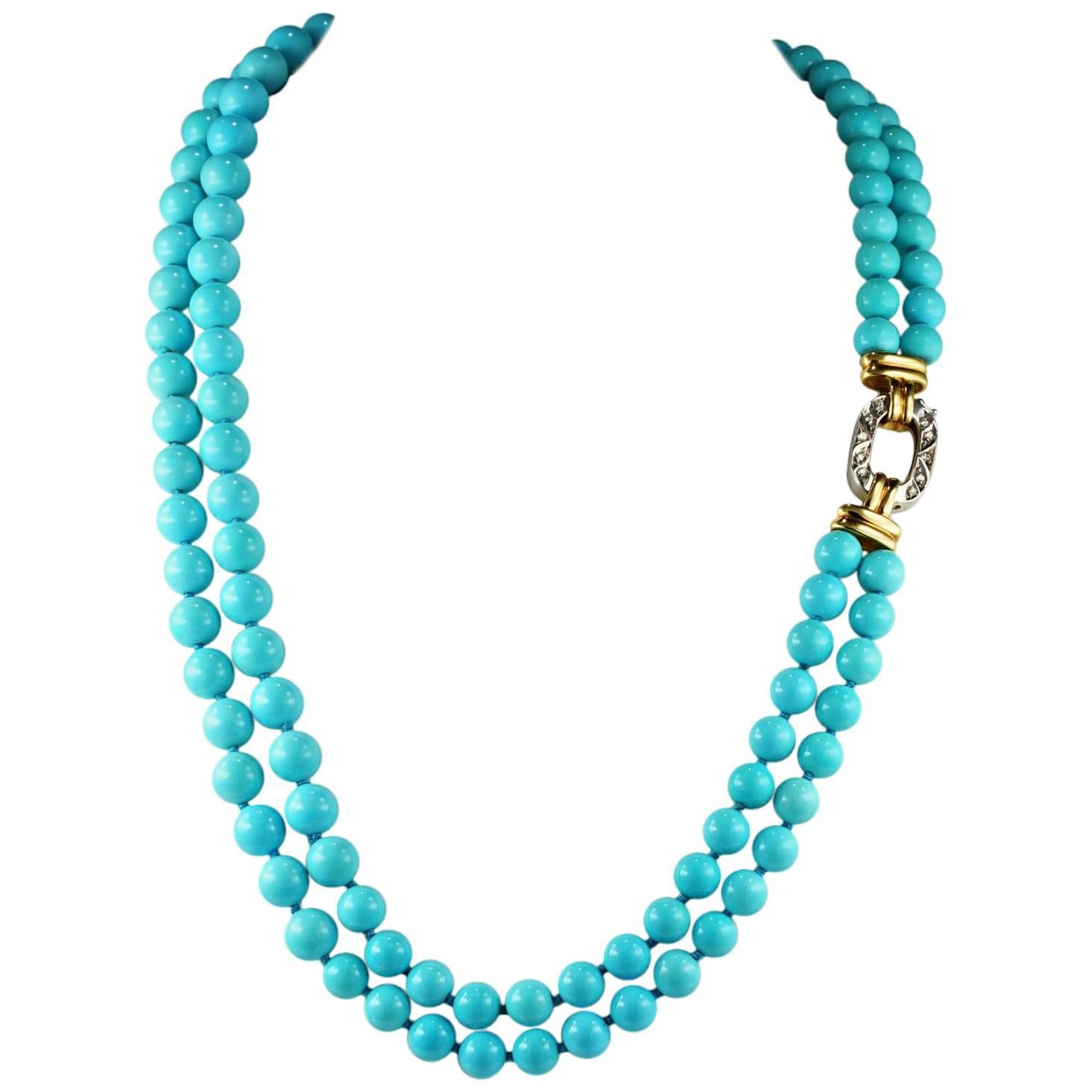 Rare Double Strand Natural Untreated Persian Turquoise Vintage Necklace For Sale