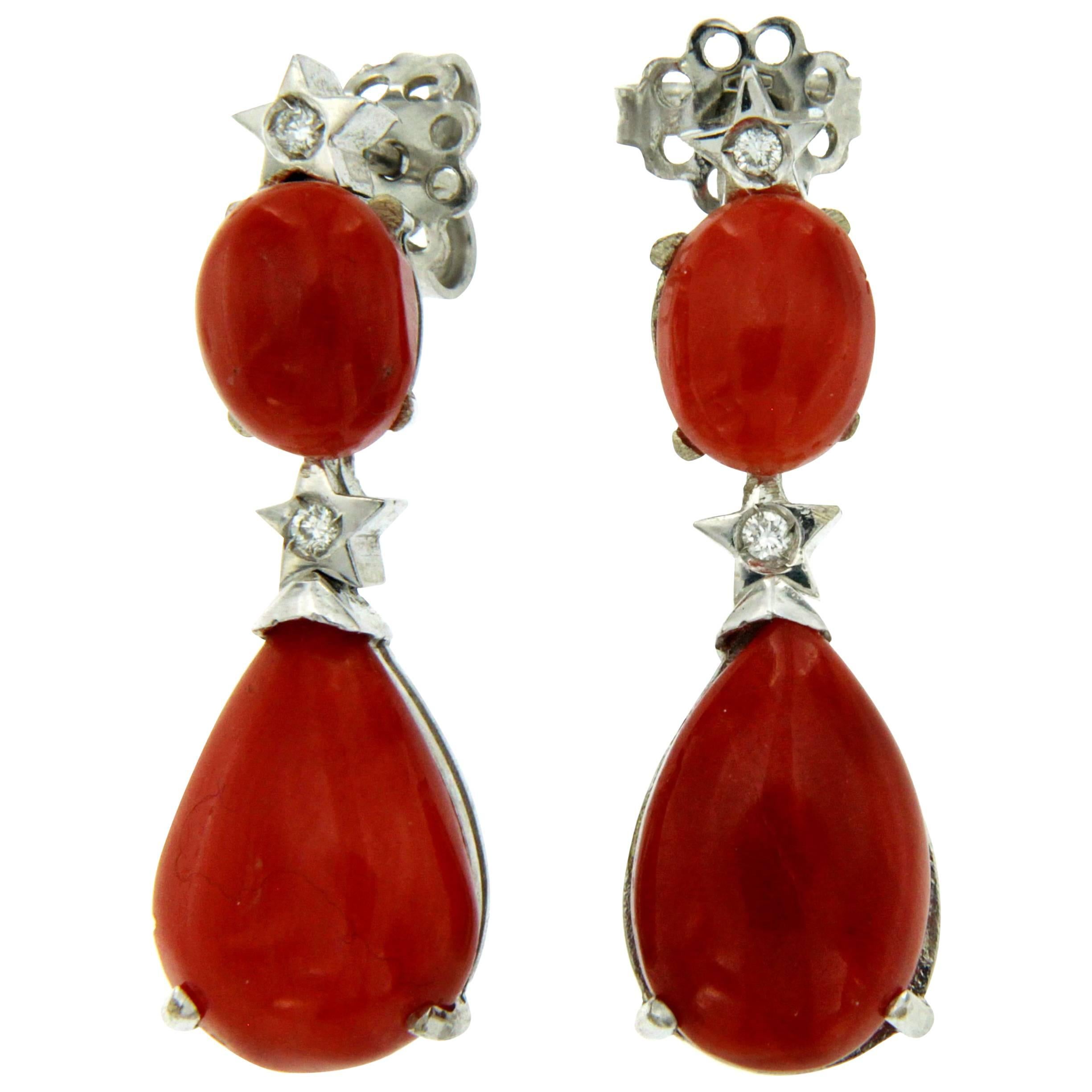 Sardinian Coral Diamond Gold Drop Earrings