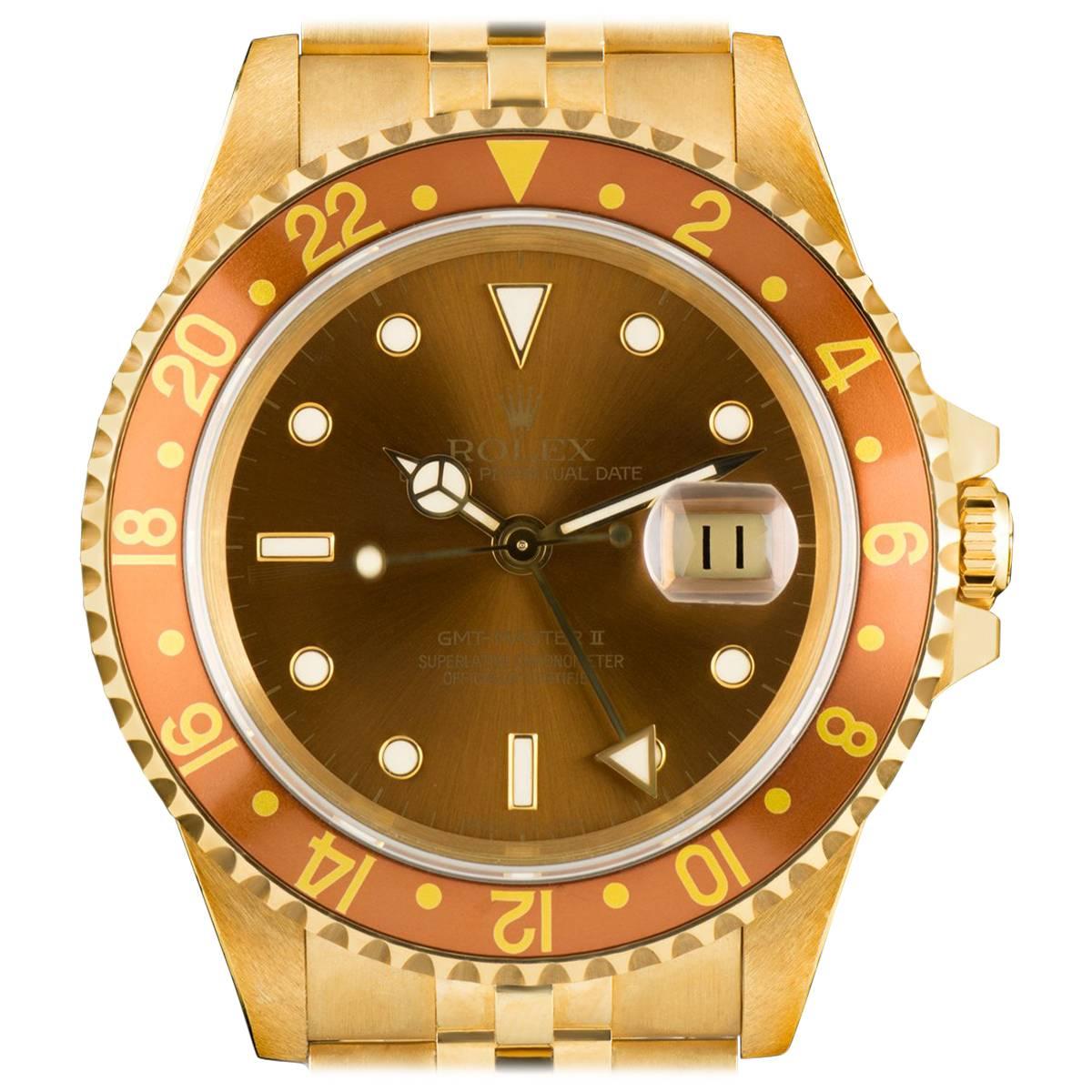 Rolex Yellow Gold GMT-Master II Brown Dial Root Beer Bezel Automatic Wristwatch
