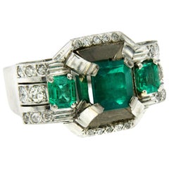 Art Deco Emerald Diamond Platinum Ring