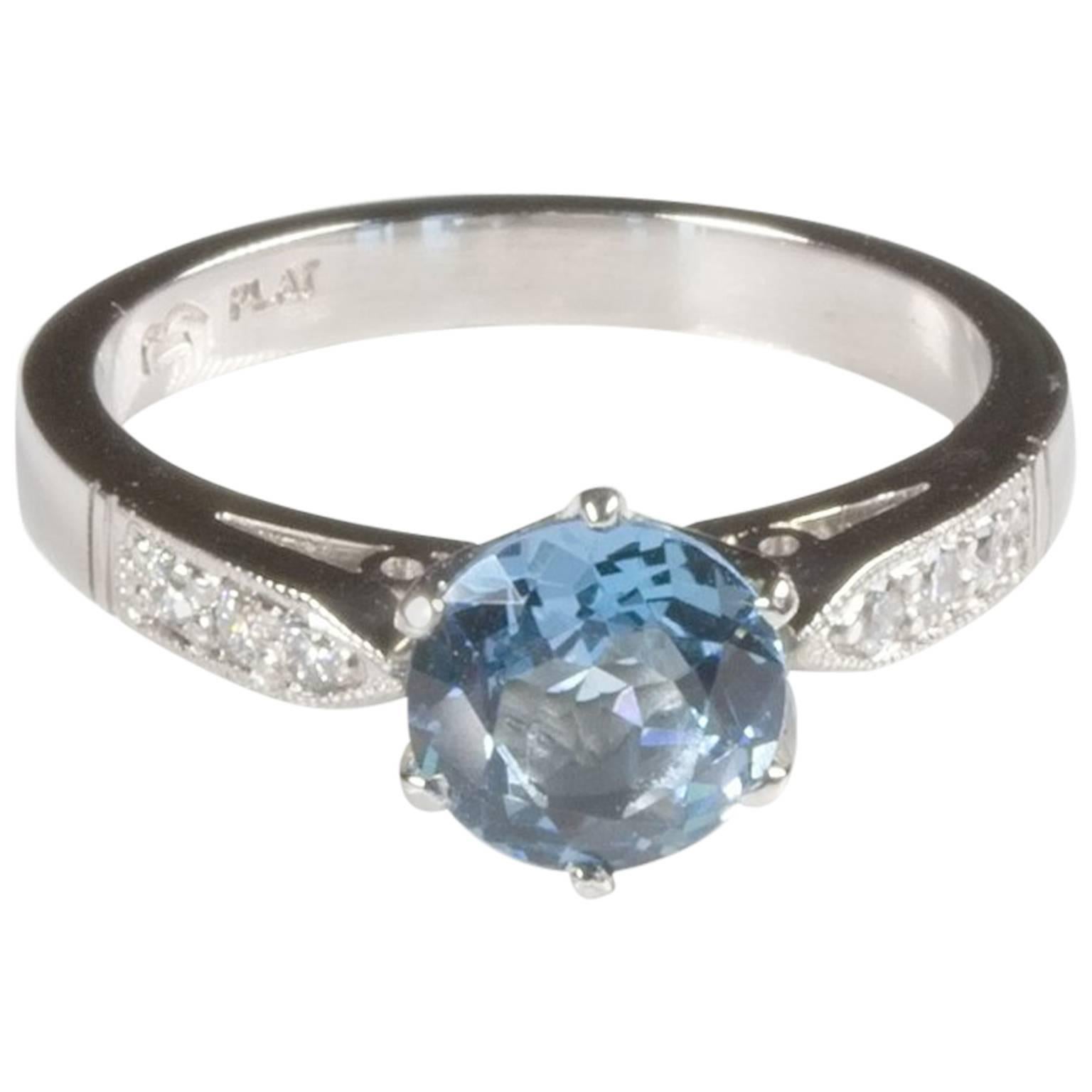 Platinum Aquamarine and Diamond Engagement Ring For Sale