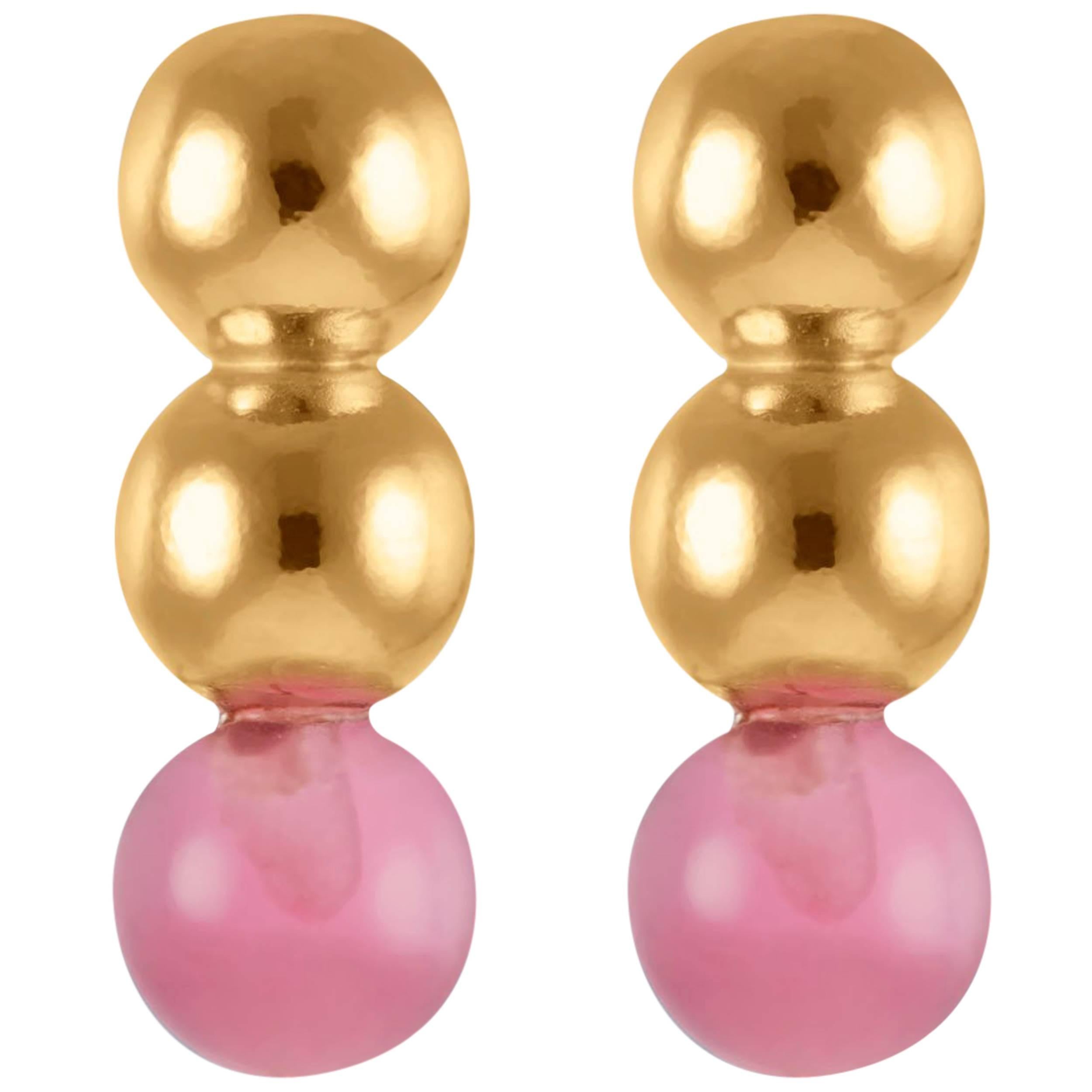 Three Ball 18 Karat Yellow Gold and Rose Gold Vermeil Stud in Pink Earrings