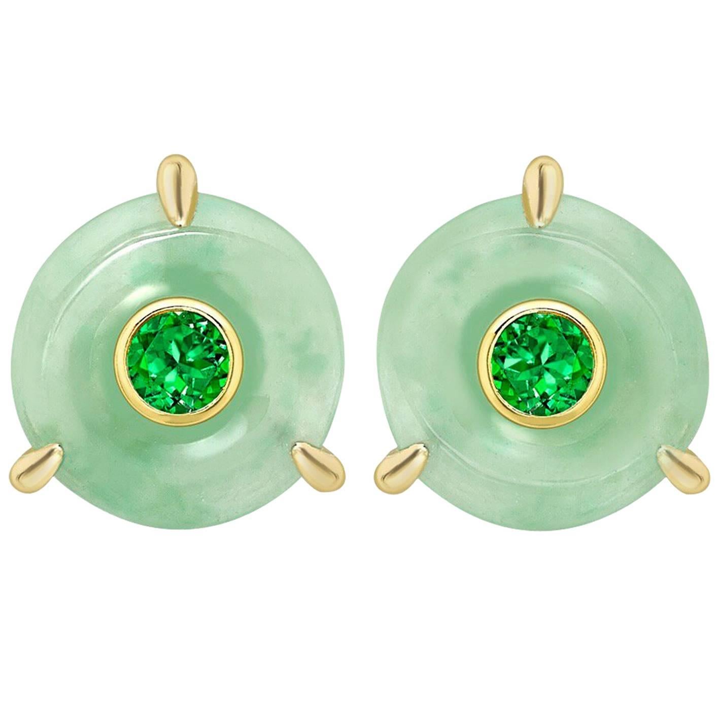 Ana De Costa Circular Green Jade Tsavorite Yellow Gold Stud Earrings For Sale