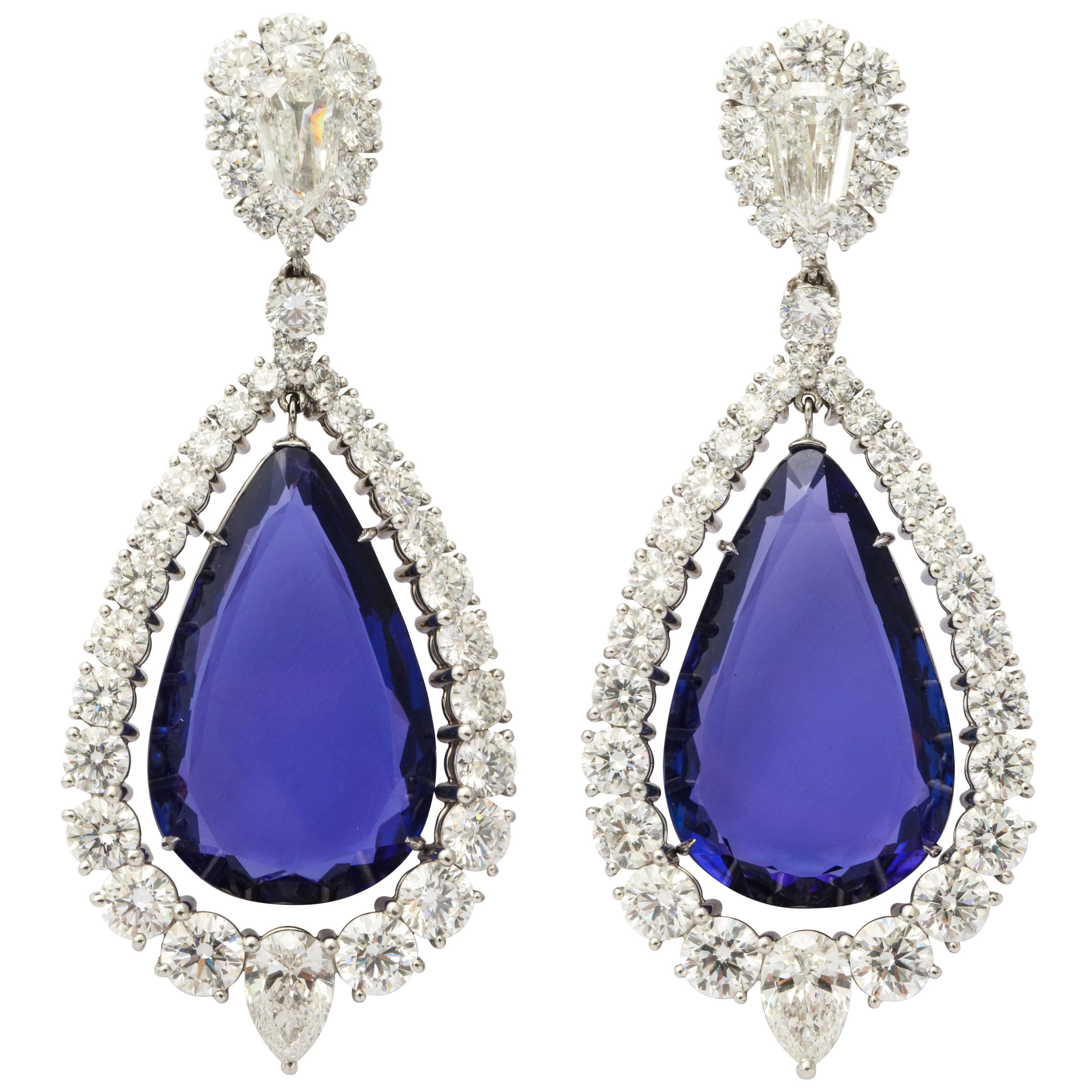 Important Tanzanite and Diamond Platinum Drop Earclips For Sale