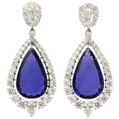 Important Tanzanite and Diamond Platinum Drop Earclips