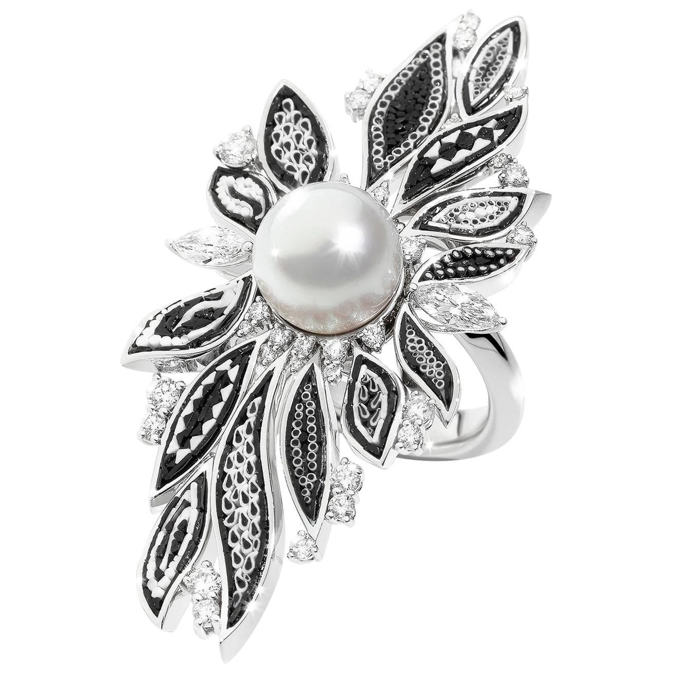 Cocktail Ring Pearl White Gold White Diamonds Trembling Leaf Nanomosaic Insert For Sale