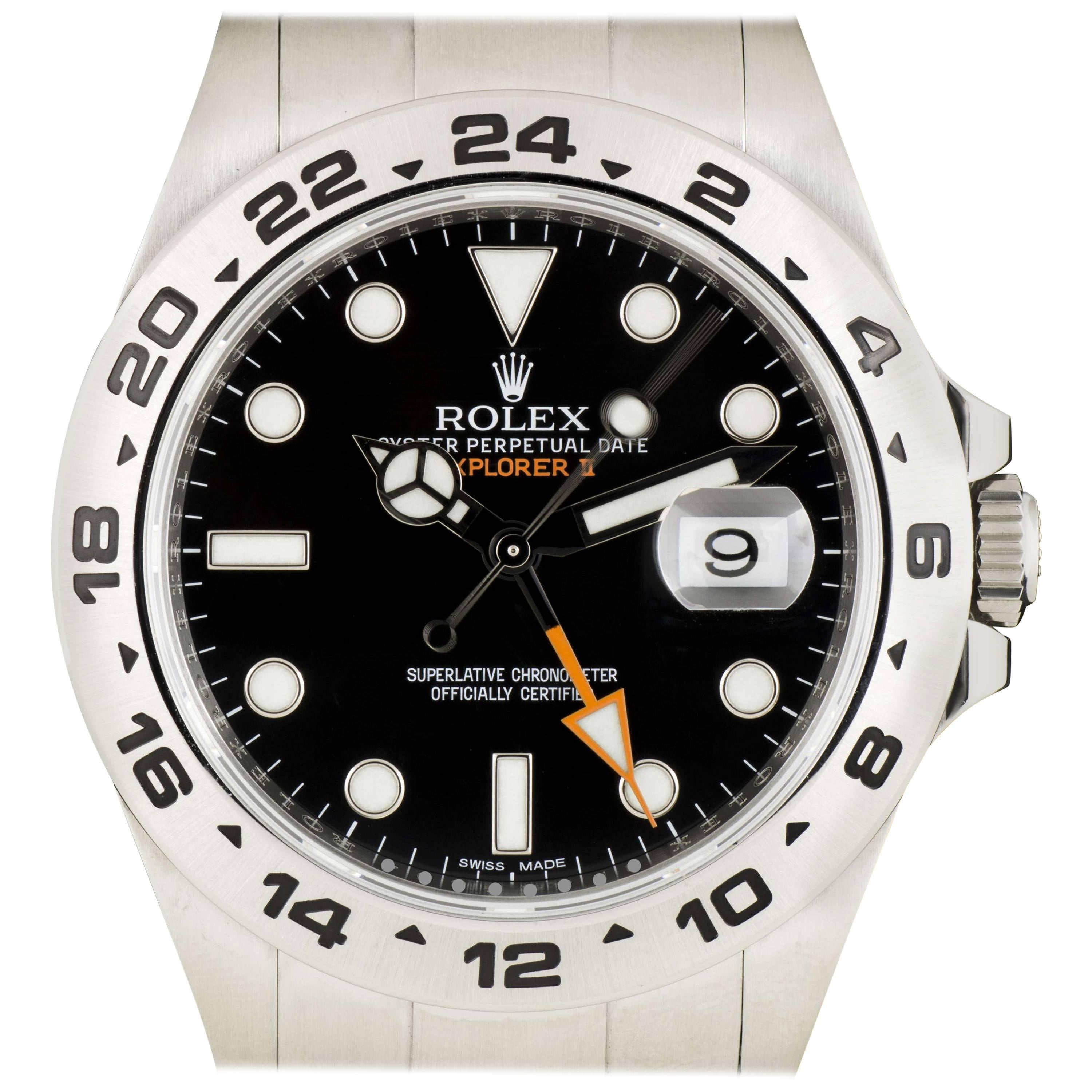 Rolex Stainless Steel Explorer II Black Dial Orange Hand Automatic Wristwatch
