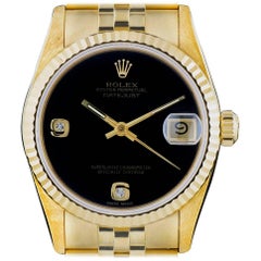 Vintage Rolex Yellow Gold Datejust Mid-Size Onyx Dial Automatic Wristwatch Ref 68278
