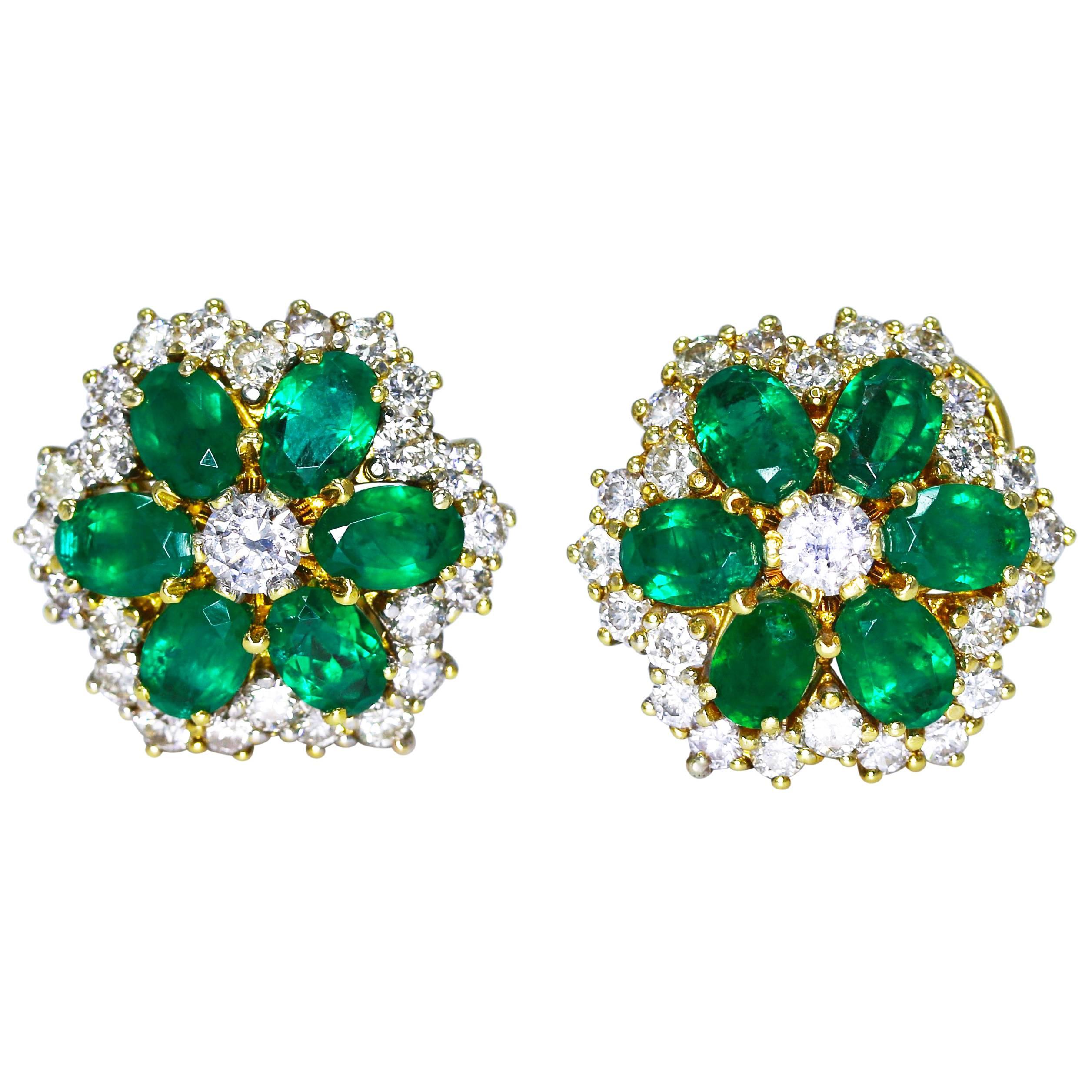 Emerald and Diamond Floral Earclips
