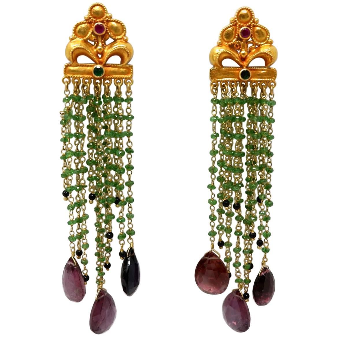 Tsavorire, Tourmaline, Ruby and Gold Bead Earrings