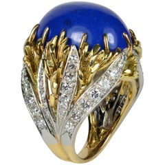 Blue Lapis Lazuli Diamond Platinum Gold Cabochon Cocktail Ring