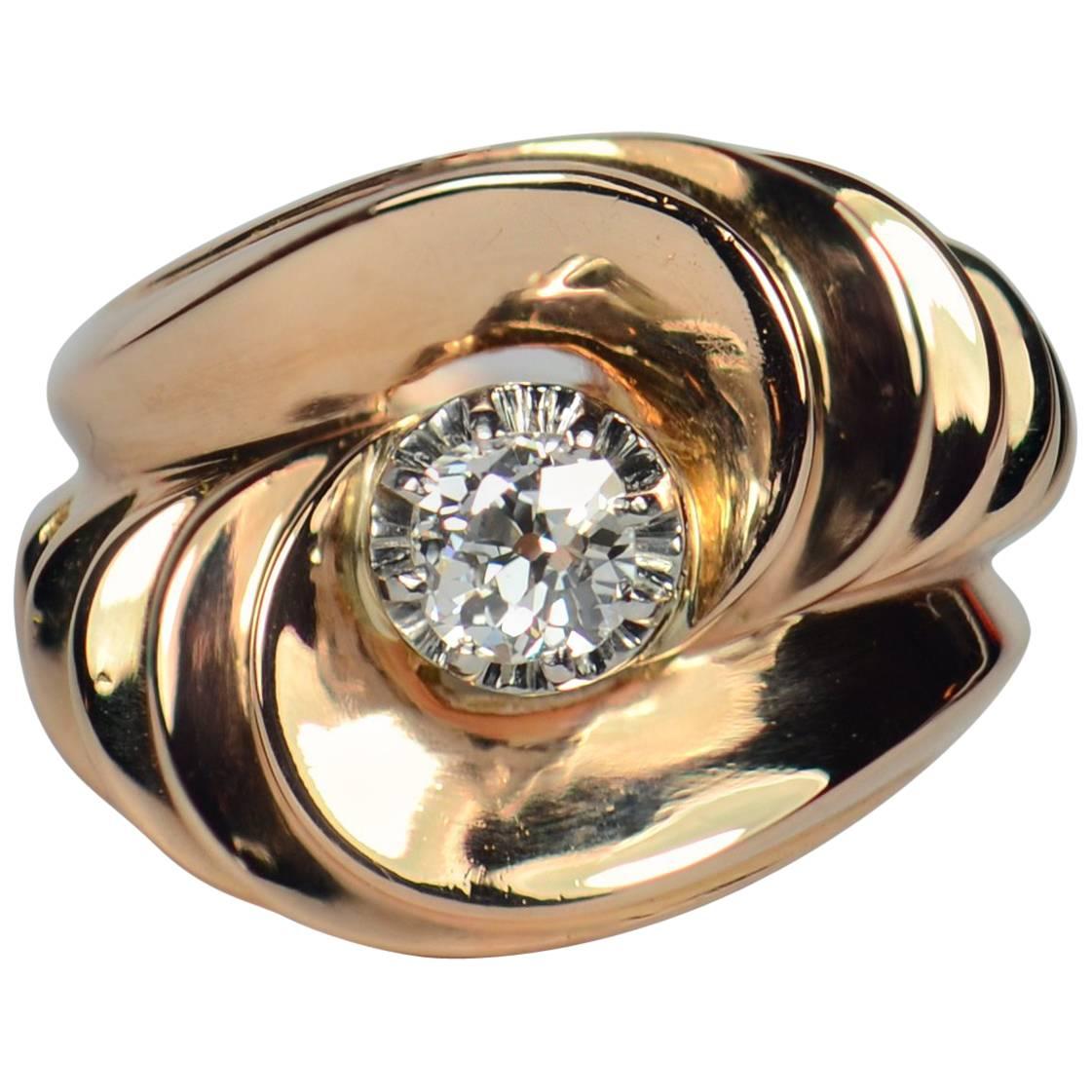 Retro 1940s Asymmetric Tourbillon Diamond Rose Gold Ring