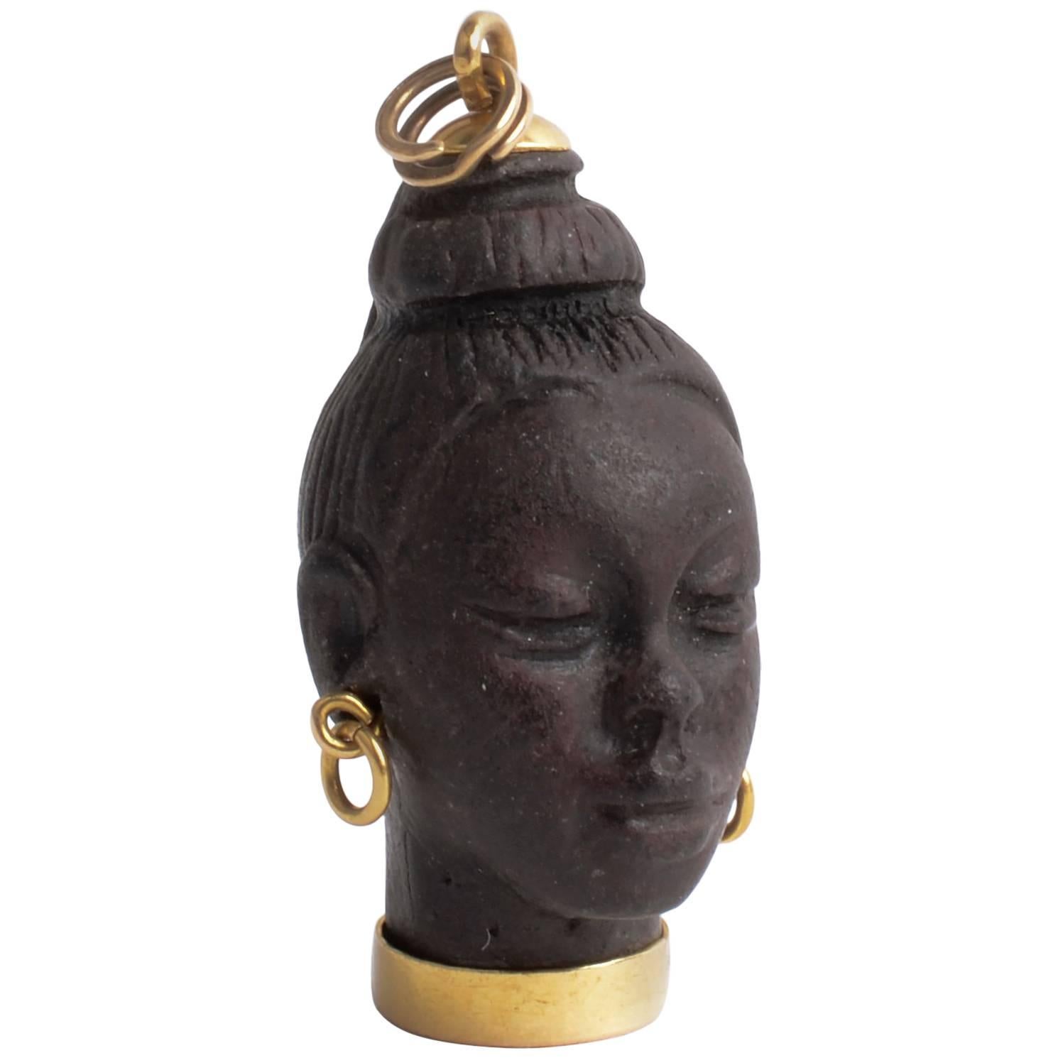 Finely Carved African Female Gold Earring Ebony Pendant