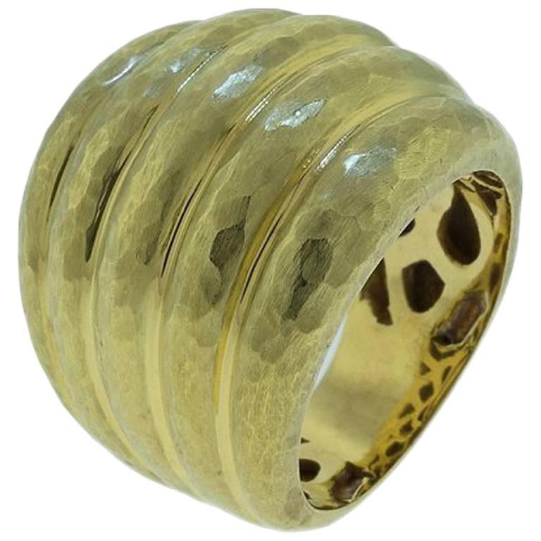 Hammered Yellow Gold Wide Domed Ring For Sale