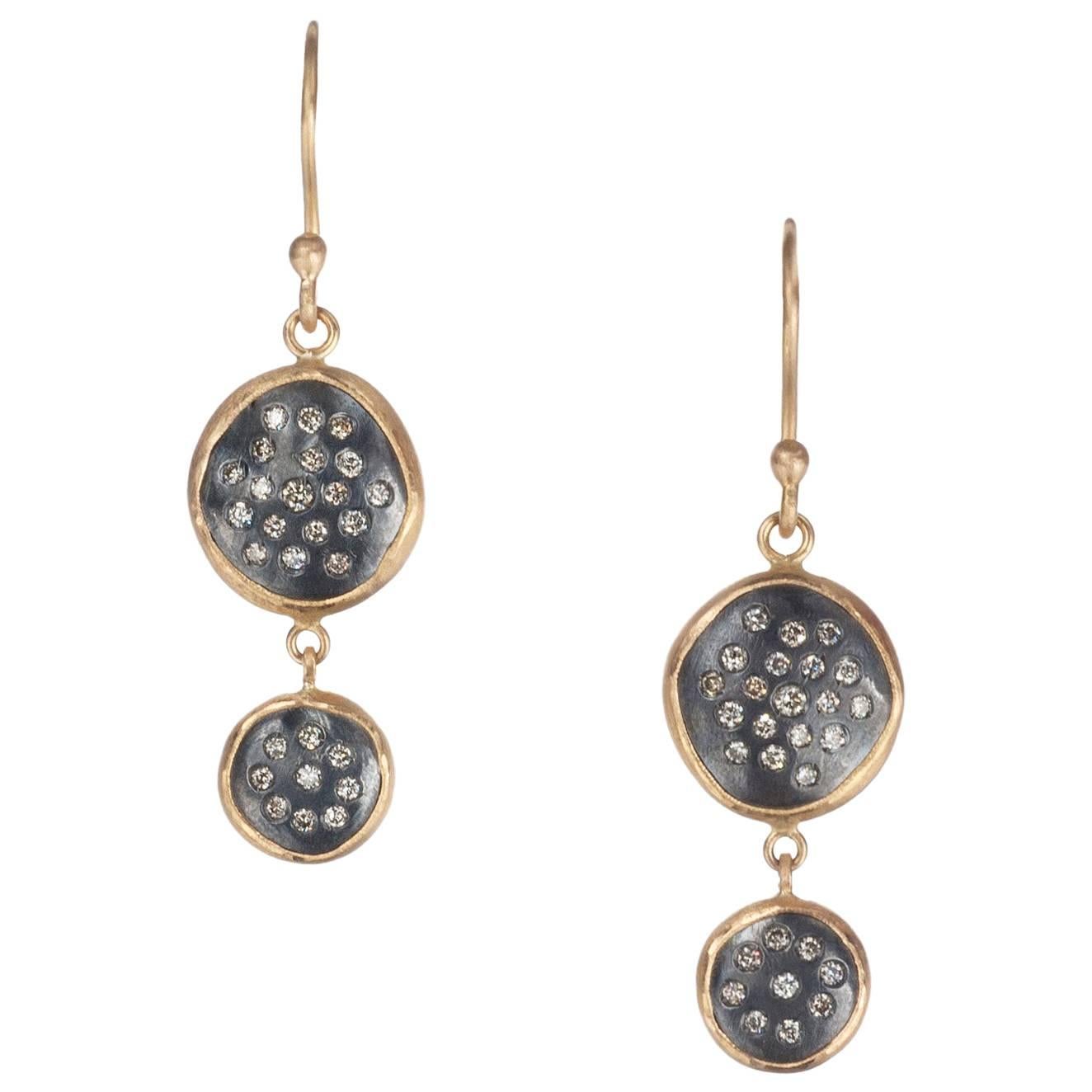 Lika Behar Diamond Drop Earrings in “Peach Glow” 22 Karat Rose Gold and Oxidized For Sale