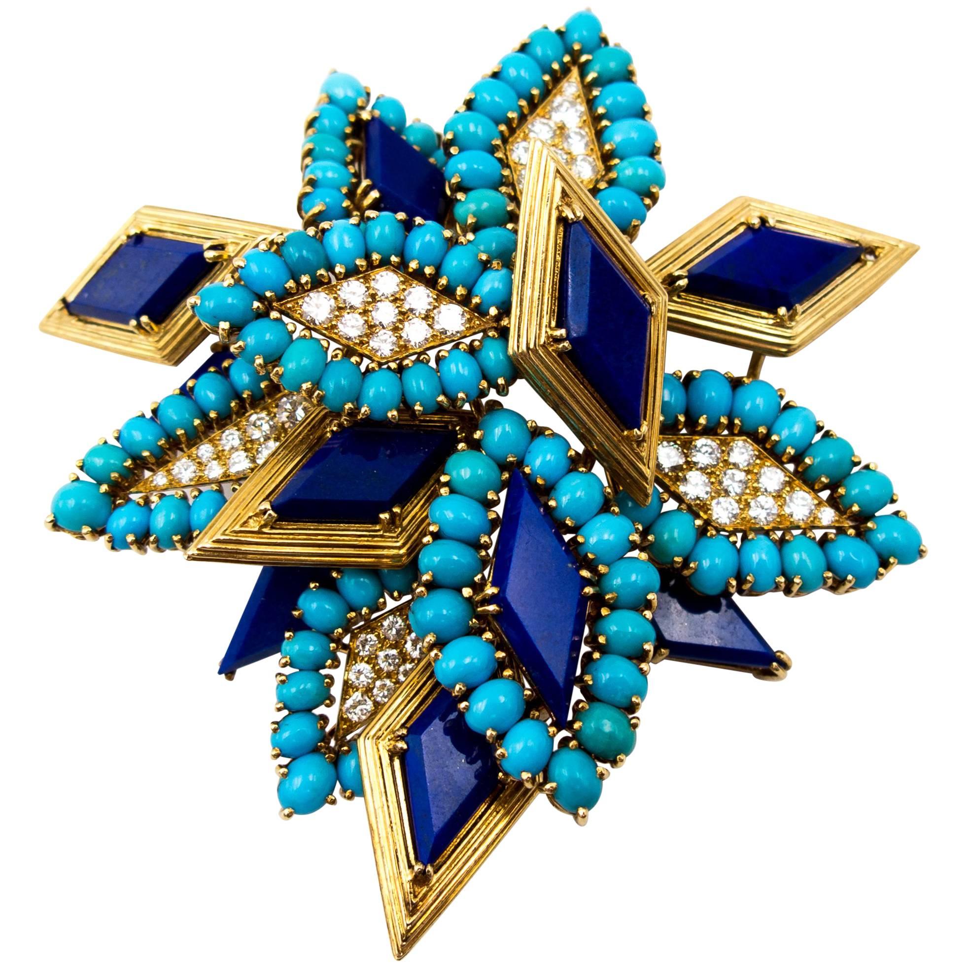 1970s Modernist Diamond Lapis Turquoise Brooch