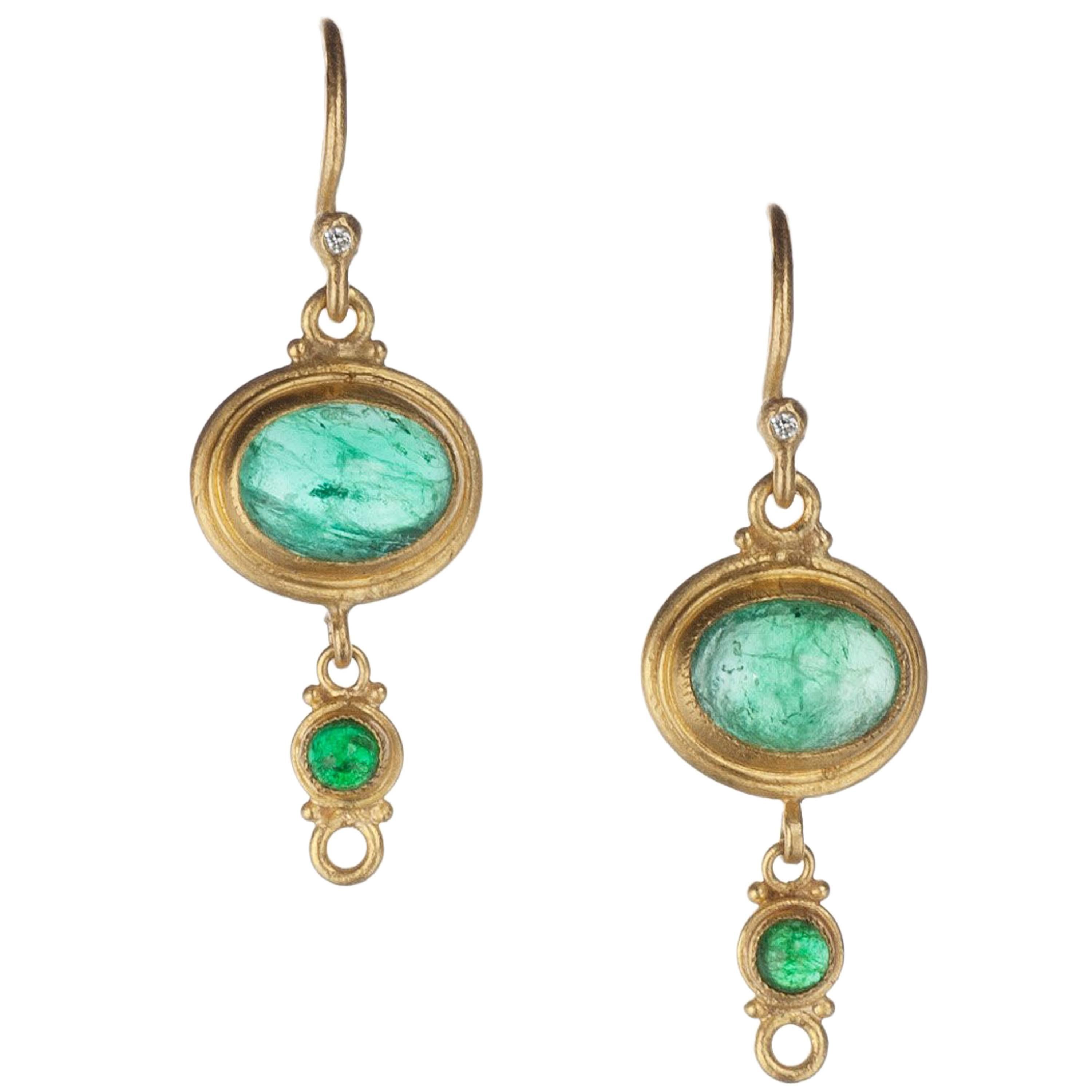 Lika Behar “Reflections” Emerald and Diamond Drop Earrings in 24 and 22 Karat For Sale