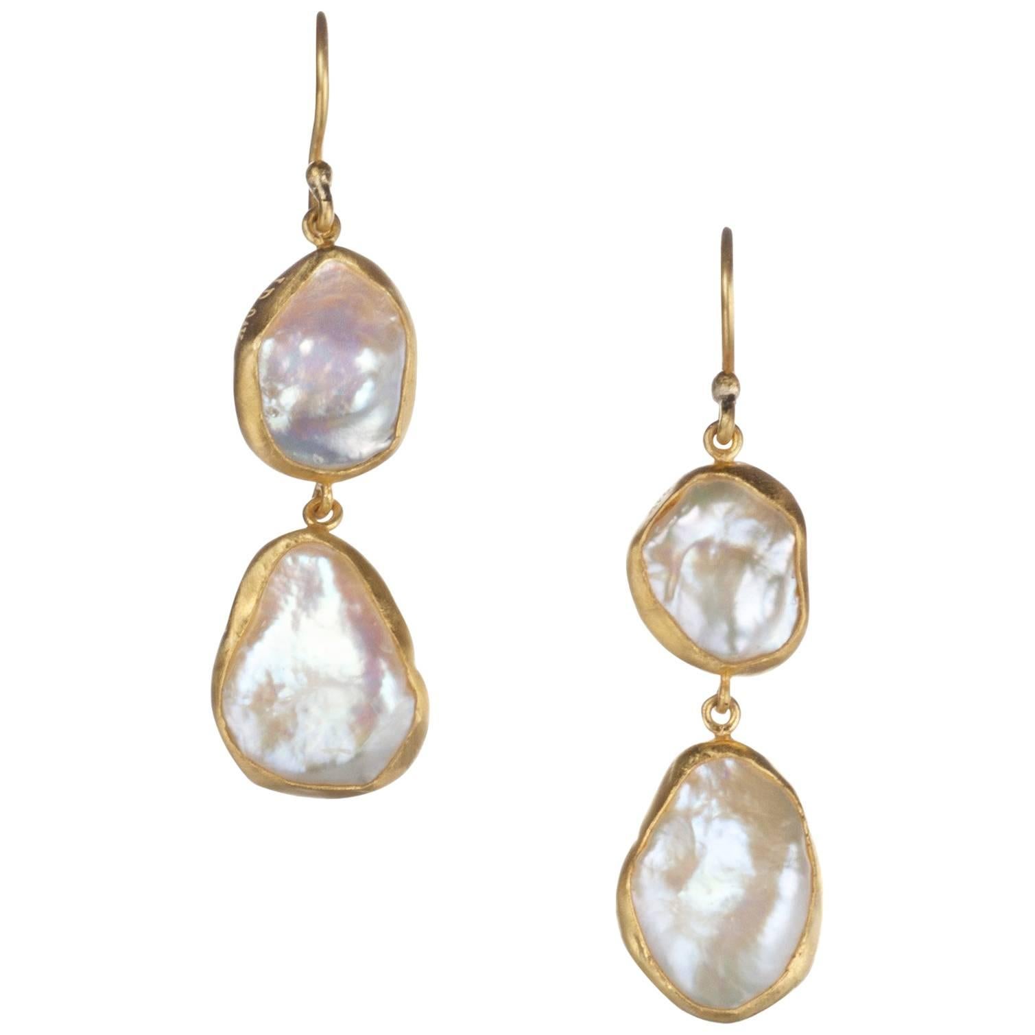 Lika Behar “Karin” Double Drop Pearl Earrings in 24 Karat Yellow Gold For Sale