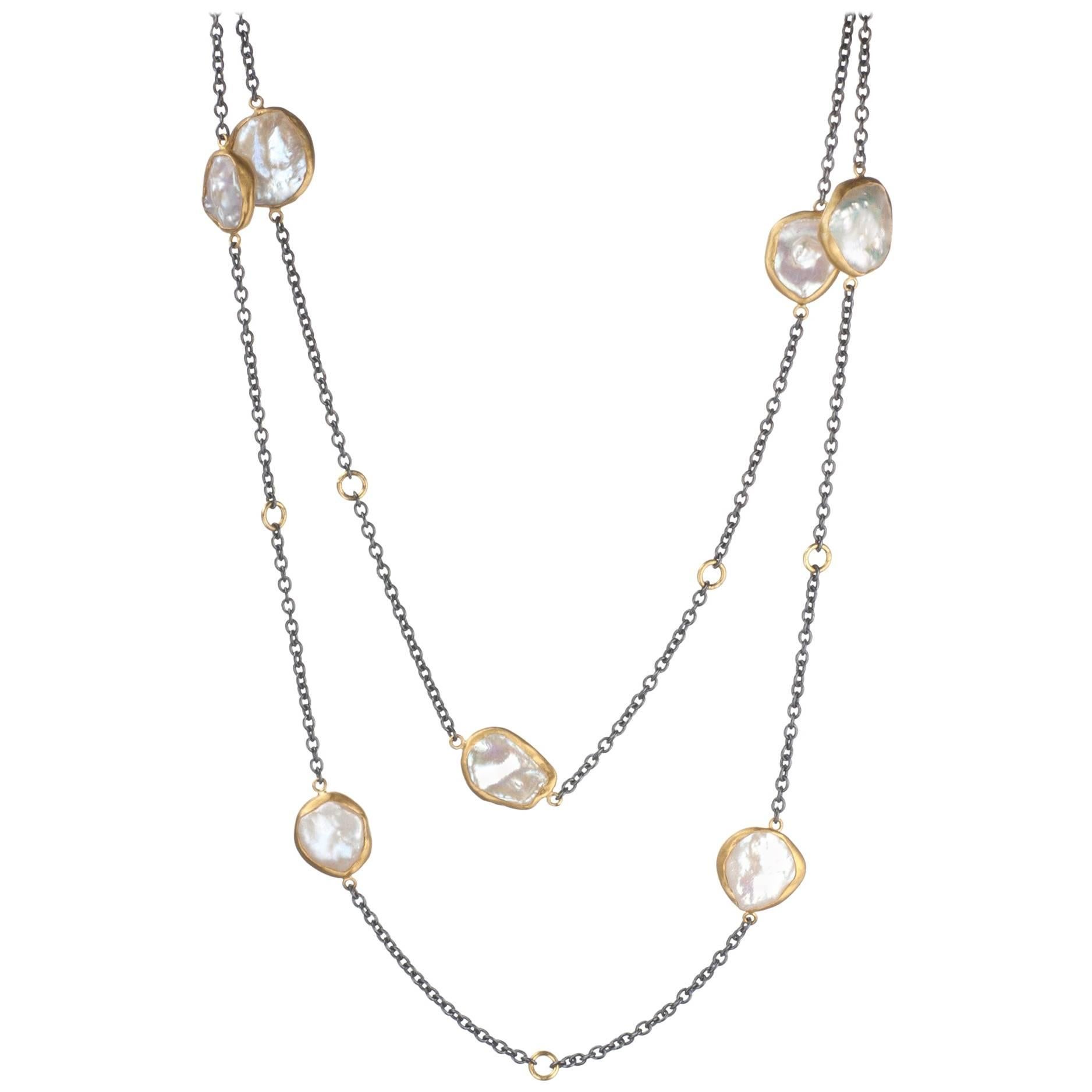 Lika Behar “Katya” Pearl Necklace in 24 Karat Yellow Gold and Oxidized Sterling For Sale