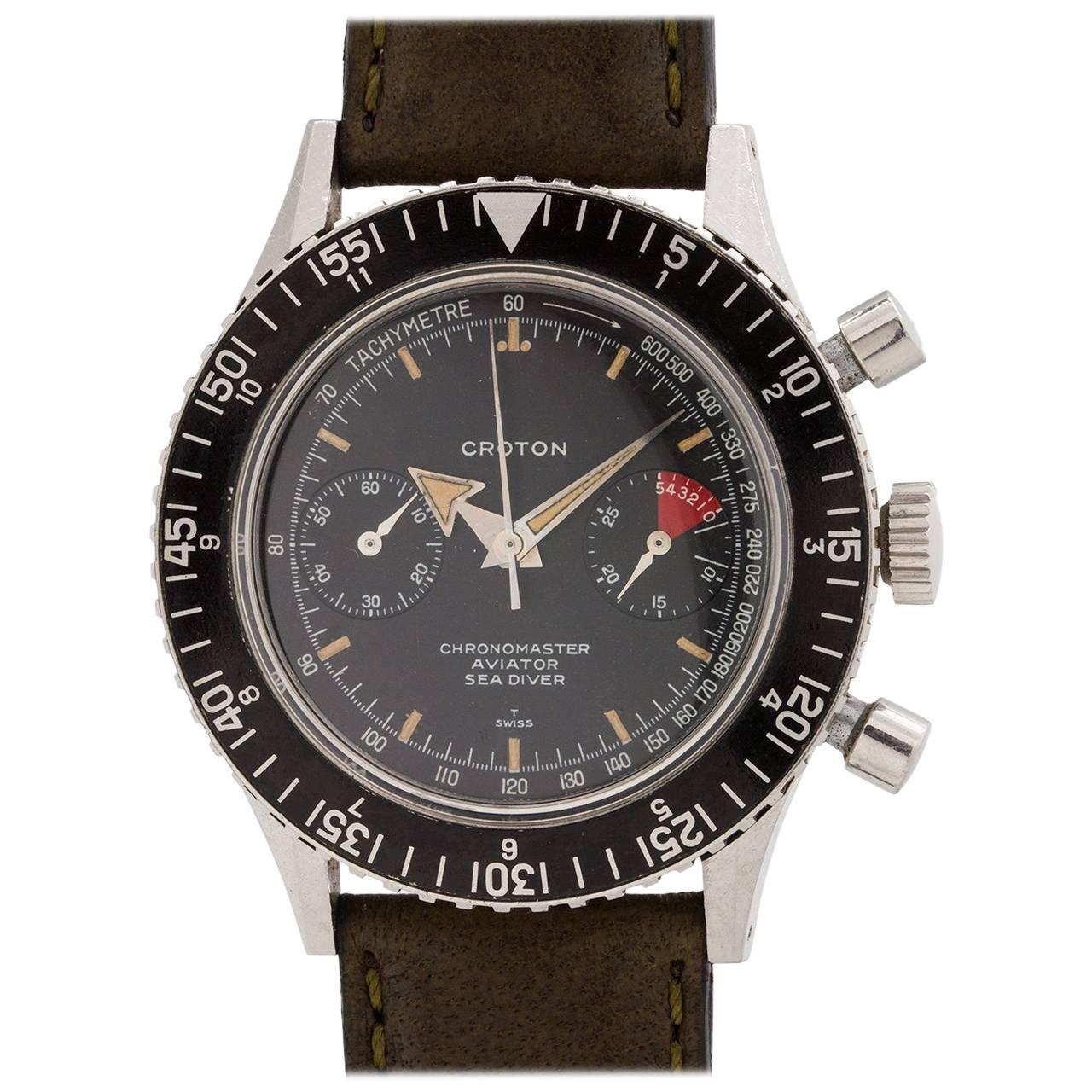 Croton Stainless Steel Chronomaster Aviator Diver Chronograph Manual Wristwatch