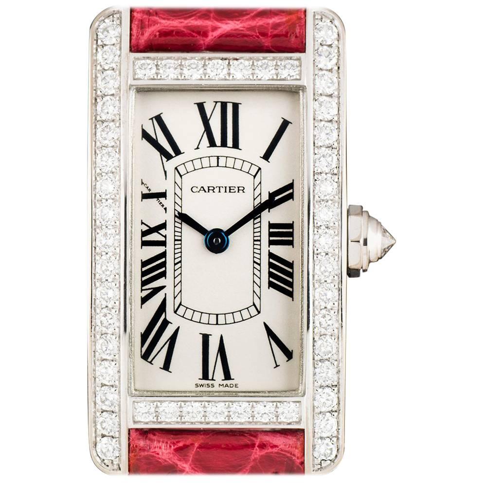 Cartier Ladies White Gold Tank Americaine Diamond Bezel Quartz Wristwatch