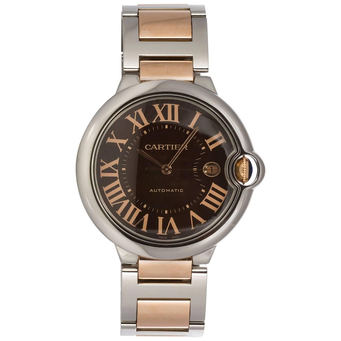 Cartier Yellow Gold Stainless Steel Chocolate Ballon Bleu Automatic Wristwatch