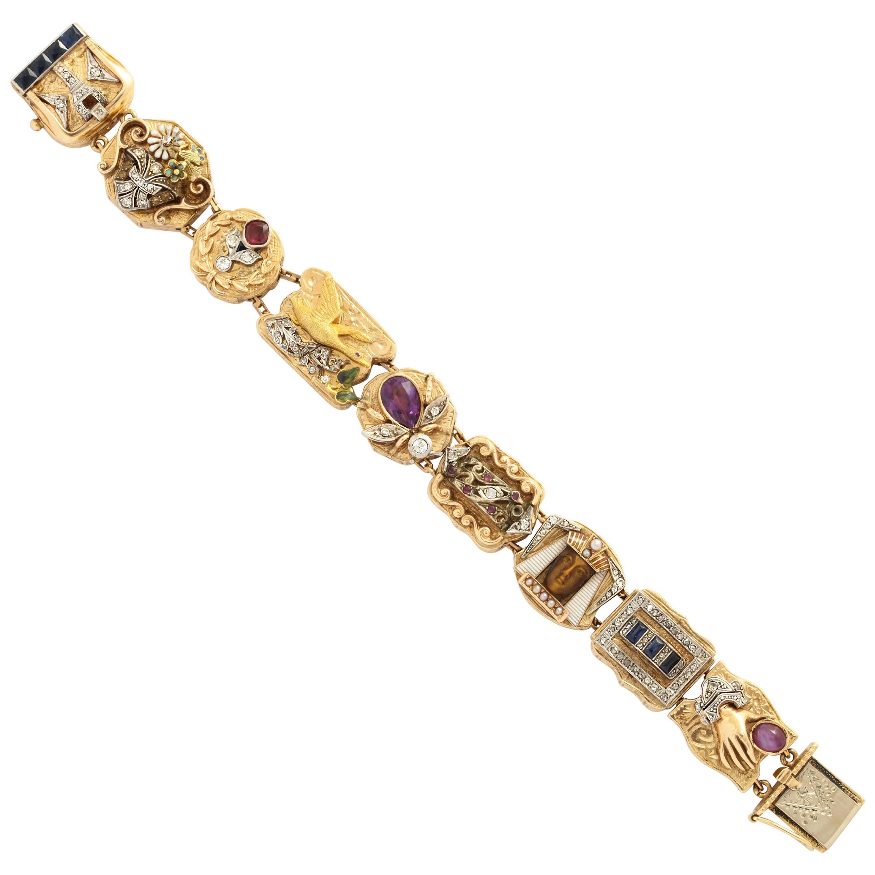 14K Gold Multi-gem Slide Charm Bracelet