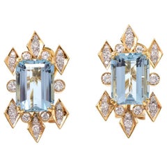 1960 Blue Topaz Diamond Gold Clip-Back Earrings