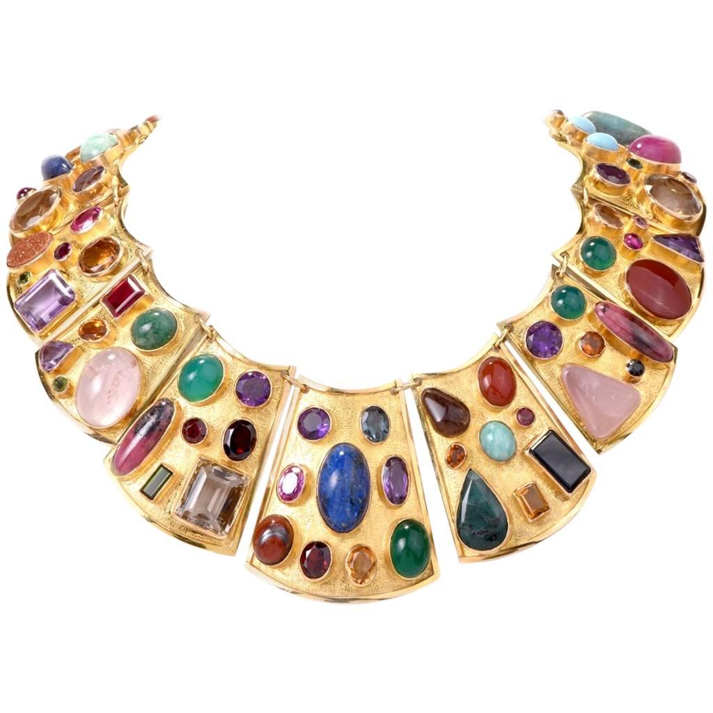 Large Multi Gem Gold Collar Necklace