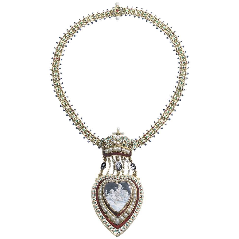 Antique Enamel Pearl Cherub Locket Necklace
