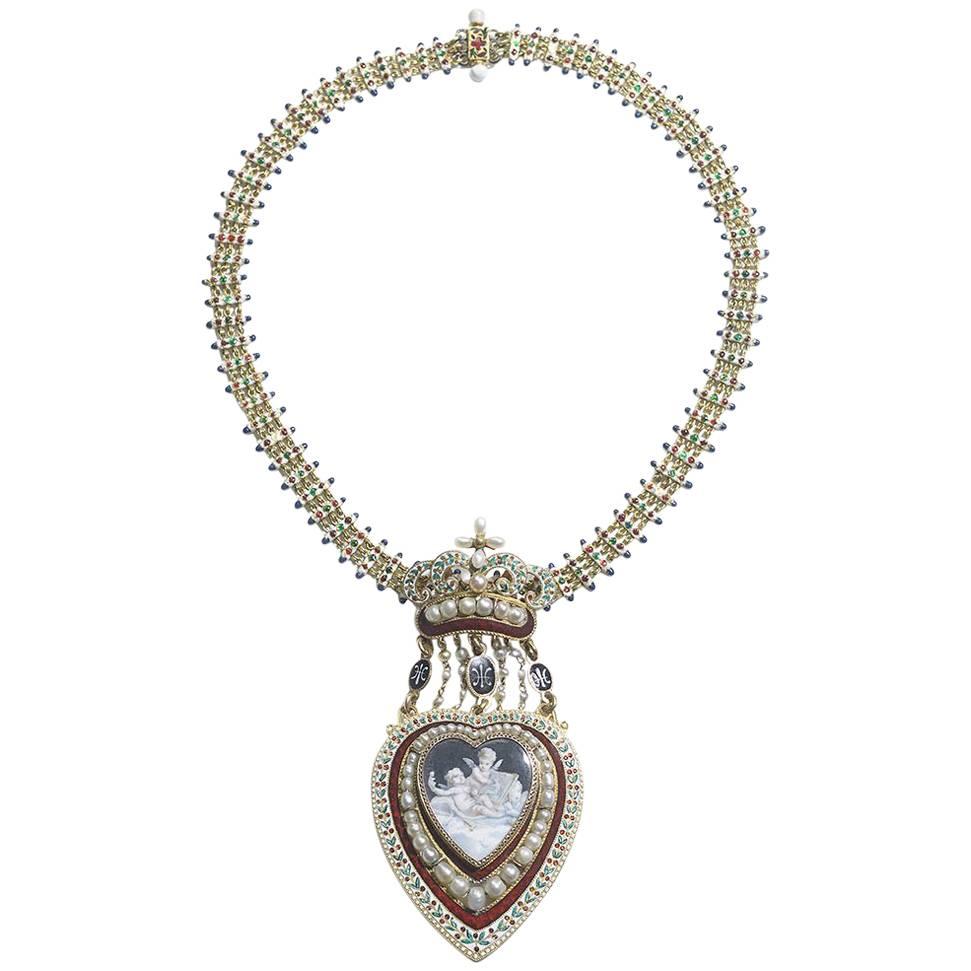 thumbnail image 2 of Retro Chic Big Cherub Locket Necklace - Heavy Antique Brass Pendant With Crystal, Romantic Repousse Design 2 of 2
