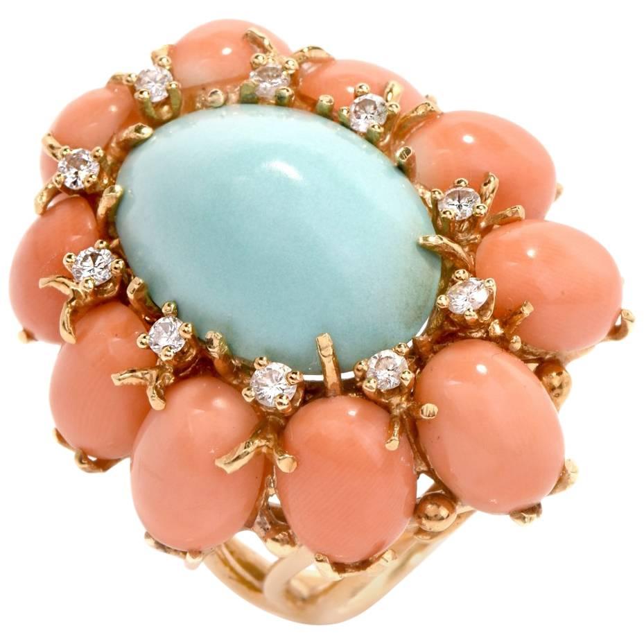 1970s Turquoise and Coral Cabochon Diamond 18 Karat Gold Cocktail Ring
