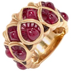 Vintage 1980s Cluster Ruby 18 Karat Yellow Gold Wide Cocktail Ring